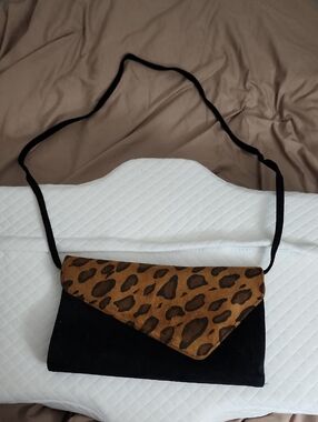 Leopard Print Flap Suede Crossbody Bag - Black and Brown